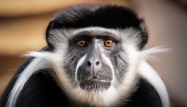 close up of a black and white colobus monkey face with striking eyes