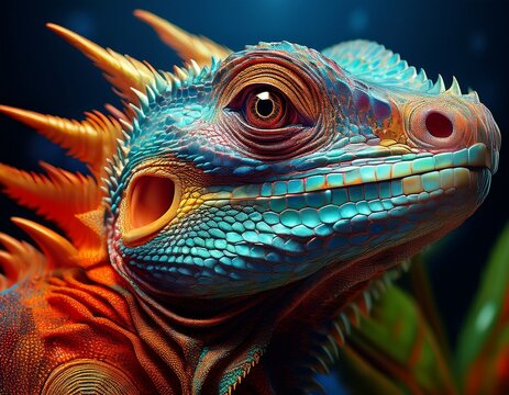 close up of a colorful lizards head with intricate scales and bright eyes