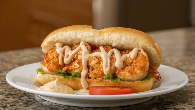 Crispy Shrimp Sandwich with Lettuce and Sauce on a Plate