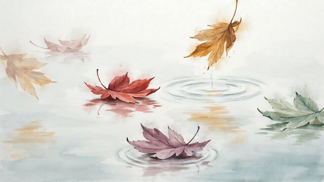 Colorful autumn maple leaves falling into calm water creating ripples in a soft watercolor painting style