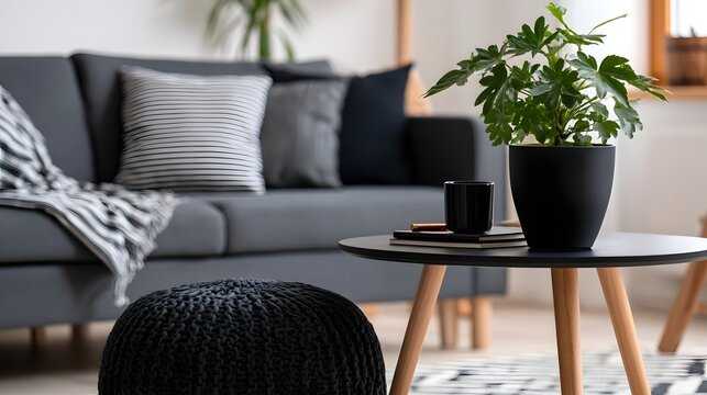 Modern minimalist living room featuring a gray sofa  black potted plant  and wooden coffee table with knit ottoman