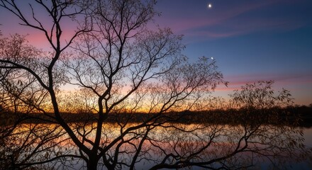 Fototapeta premium Silhouetted trees against colorful sunset over calm lake.