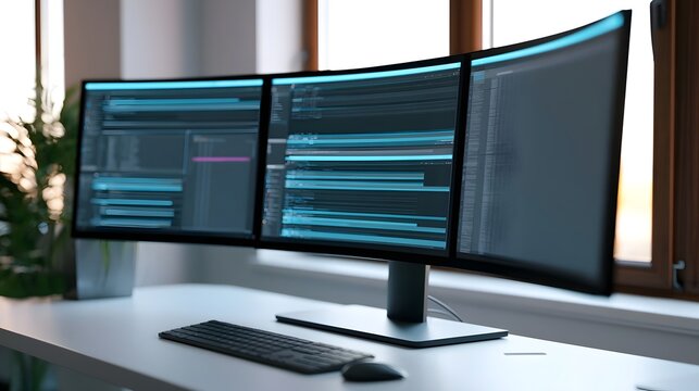 Three curved monitors displaying code on a modern desk near a window with natural light and a potted plant