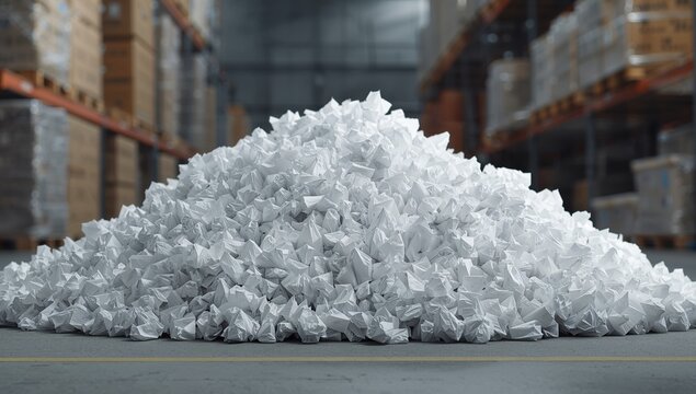 Stack of Crumpled White Paper in a Warehouse Environment with Pallet Racks