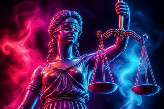 Blindfolded justice statue holding scales with smoky backdrop