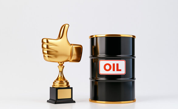 Golden trophy award beside oil barrel with thumbs up icon, oil industry success achievement concept