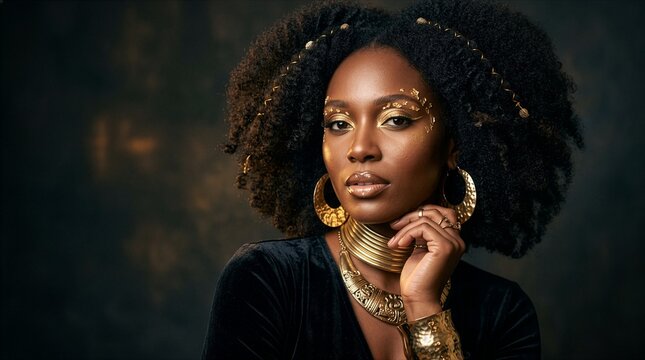 beautiful african american woman with elegant golden makeup and traditional metallic jewelry posing confidently against dark background
