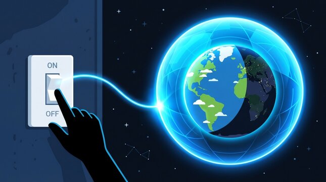 Human hand flipping light switch to turn off power for planet Earth representing global energy conservation movement