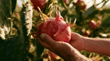 Fototapeta premium Close-up view of person holding ripe pink dragon fruit growing on cactus plant in natural outdoor farm garden during golden hour sunlight