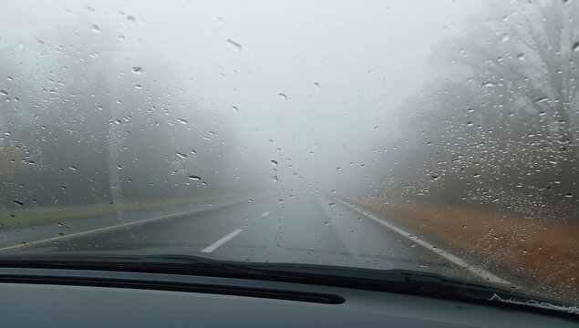 Driving through Foggy Rain on a Wet Road with Raindrops on the Windshield