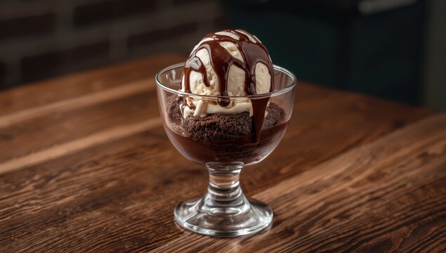 Chocolate Ice Cream Sundae with Drizzling Chocolate Sauce in a Glass Dish on Wooden Table