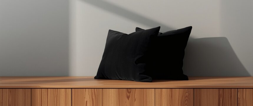 Black Cushions Resting on a Wooden Surface with Soft Shadows