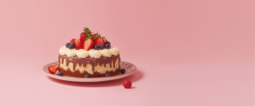 Chocolate Cake Topped with Fresh Berries on a Pink Background