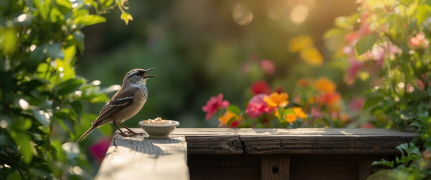 Singing Sparrow on a Wooden Table with Food Surrounded by Colorful Flowers in Soft Morning Light