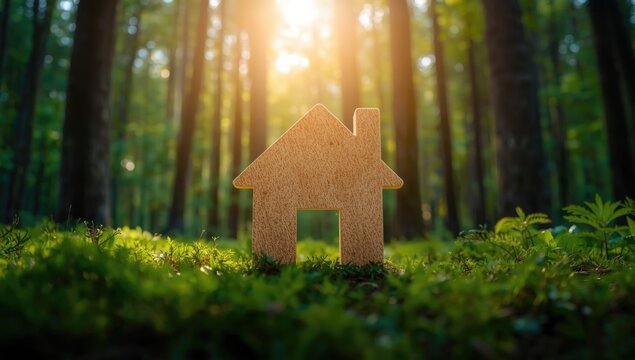 Wooden House Symbol on Green Grass in a Sunlit Forest