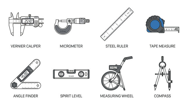 Vernier caliper and precision measurement tools appear in a professional diagram for engineering.