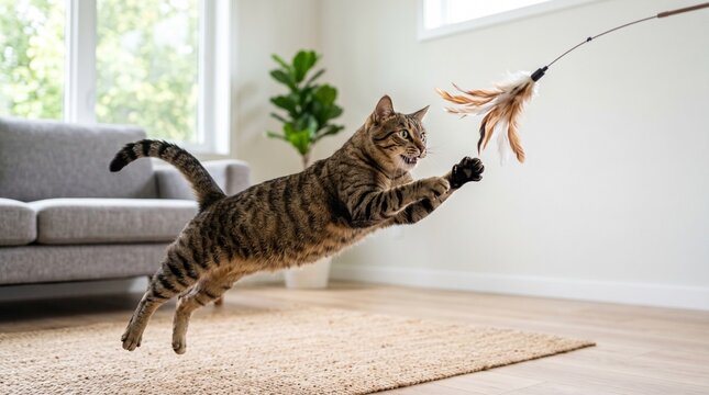 Playful tabby cat leaping to catch feather toy. Energetic domestic feline mid-air hunting motion in bright living room.