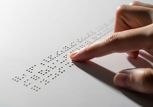 Reading Braille text with fingertip, Close up of human finger reading Braille on white paper, tactile writing system, accessibility, visual impairment, inclusive education, soft natural light, macro 