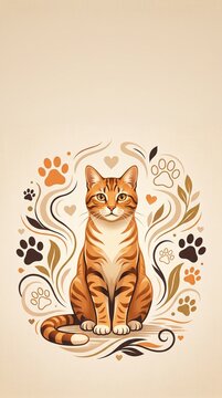 Orange tabby cat sitting with autumn leaves and paw prints. Cute ginger kitten illustration for seasonal home decor and greeting cards.