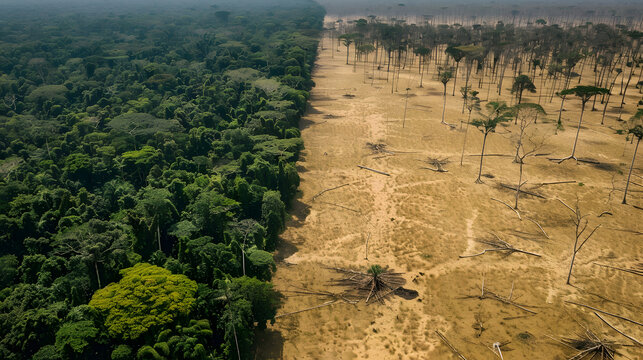 Environmental impact, Forest transitioning from lush green to dry desert showing climate change and environmental impact
