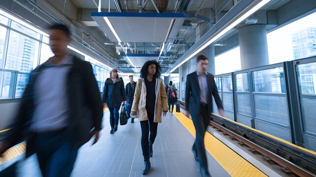 Commuters walking along a modern elevated train platform with yellow safety edges and glass barriers