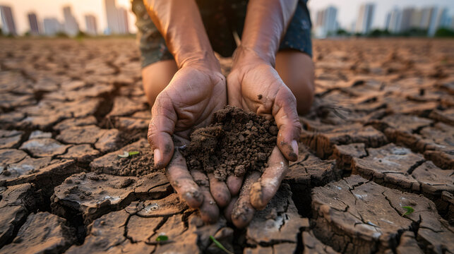 Environmental impact, Hands holding cracked dry soil with city skyline showing climate impact and environmental challenges