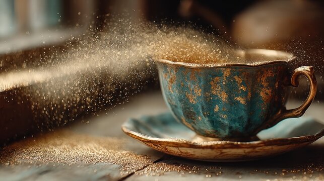Antique teacup with turquoise and gold trim, overflowing with glittering gold particles