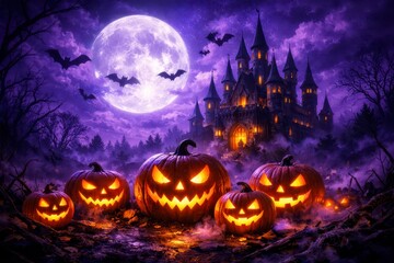 Fototapeta premium Spooky Halloween Scene with Glowing Jack-o-Lanterns and a Haunted Castle Under a Full Moon at Night