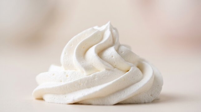Whipped cream swirl on neutral background. Close-up dessert topping texture for food styling and culinary projects.
