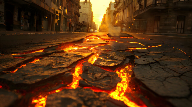 Environmental impact, Urban heat impact with rising heat from cracked pavement showing climate change environmental effects