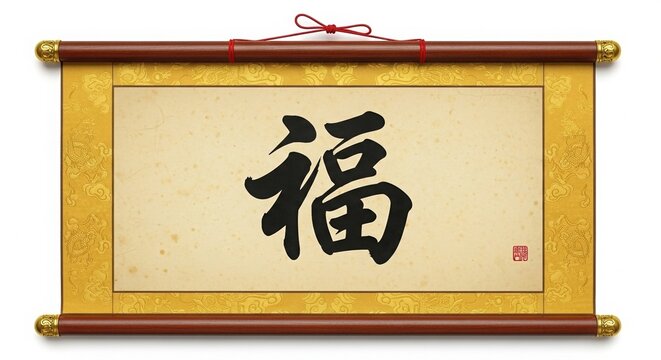 Chinese Fu calligraphy scroll for good fortune, Traditional Chinese hanging scroll featuring the black Fu character on aged paper with ornate gold border, wooden rollers and red cord, isolated on whit