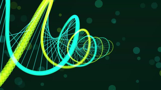 Glowing neon spiral dna strand rotating to represent scientific research and molecular biology health education