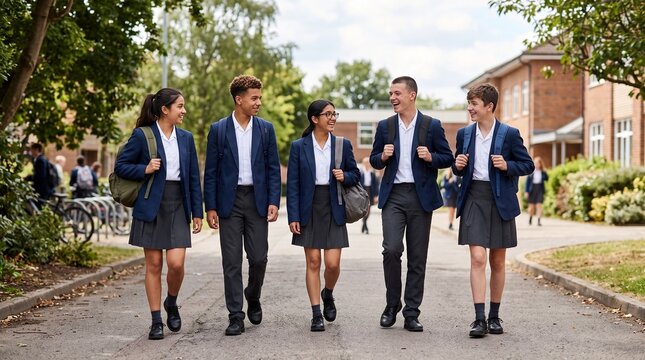Diverse group of happy high school students in uniform walking together on school grounds