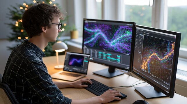 Young man working on data analysis in a home office with multiple screens and computer equipment during daytime