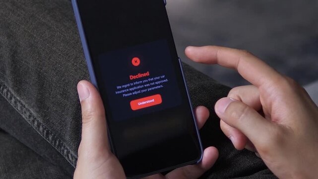 Mobile car insurance app showing a Declined application popup. User is prompted to adjust their parameters. Perfect for InsurTech UX, application funnels, and user retention strategy content.