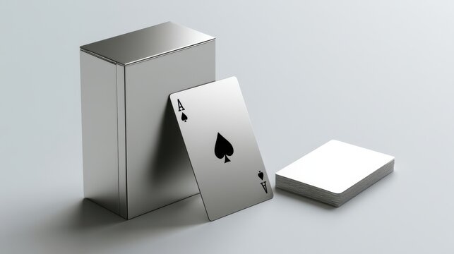 Metallic playing card with ace of spades face and reflective silver cardbox and card stack on clean neutral surface isolated on light background
