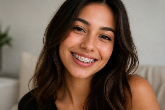 Young woman smiling with braces in indoor living room