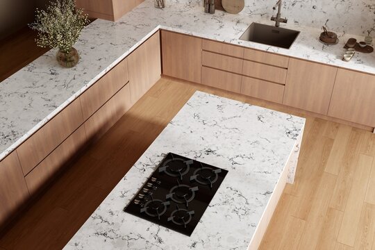 Top view of kitchen with waterfall quartz workspace, decorative tiled splash wall, elegant cabinetry, and layered lighting creating a luxurious atmosphere. Mockup. 3D Rendering