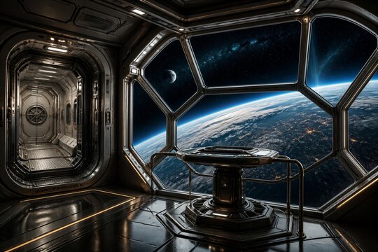 Space station observation bay overlooking earth from orbit