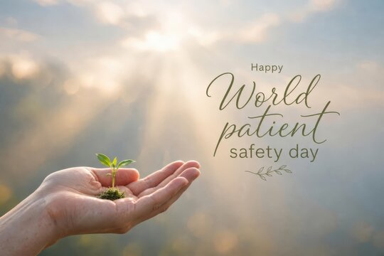 Growth Care. Hand holding a small green sprout under sun rays, World Patient Safety Day, medical awareness and healthcare commitment concept.
