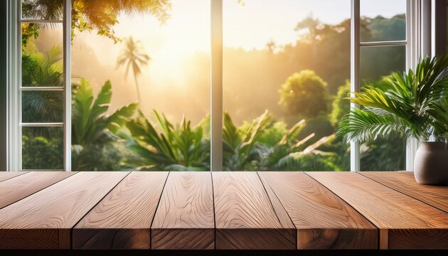 empty wooden tabletop background with sunlit tropical garden view behind large window for product display mockup