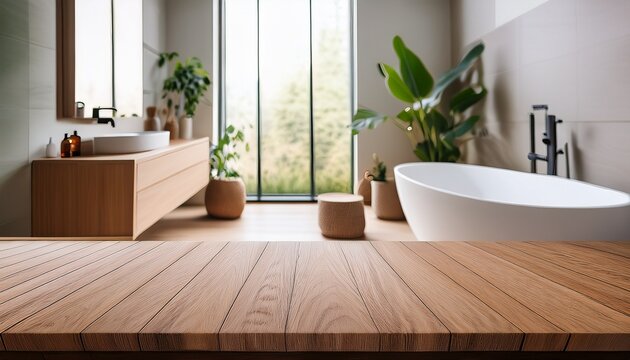 wooden table top in bright modern bathroom with bathtub for product display and minimalist home interior mockup scene