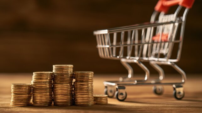 Stacks of gold coins arranged in ascending order near empty small shopping cart on wooden surface with blurred brown background representing finance savings and investment concept