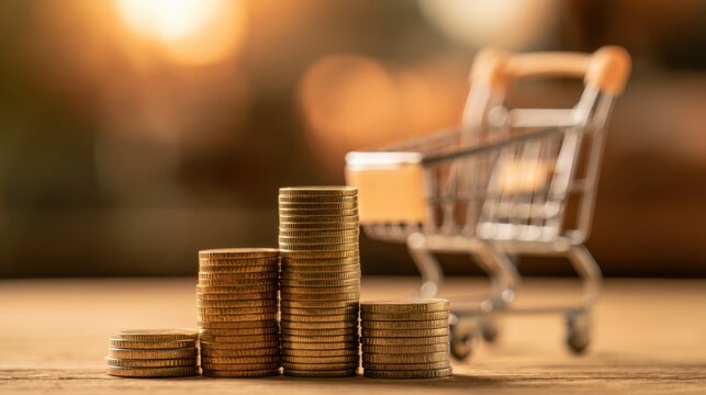 Stacked gold coin tower representing financial growth and investment with blurred shopping cart in background on wooden surface with warm golden light