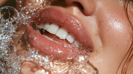 Fototapeta premium Close-up of fresh wet lips and white teeth with water splash on smooth glowing skin showcasing beauty hygiene and moisturizing natural facial care in vibrant detail