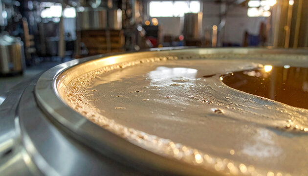 Brewing Process in the Making: A close-up view of a large industrial brewing vessel's surface, with a rich, frothy liquid suggesting active fermentation and the production of alcoholic beverages.