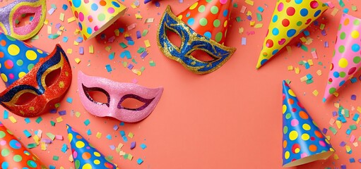 Obraz premium Colorful masks and lively party hats decorate a bright coral background with confetti for a festive carnival celebration.