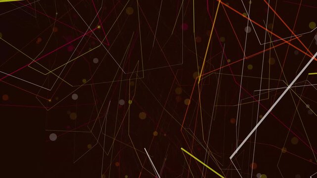 Glowing particles and thin geometric lines connect in a dark space creating complex data network patterns