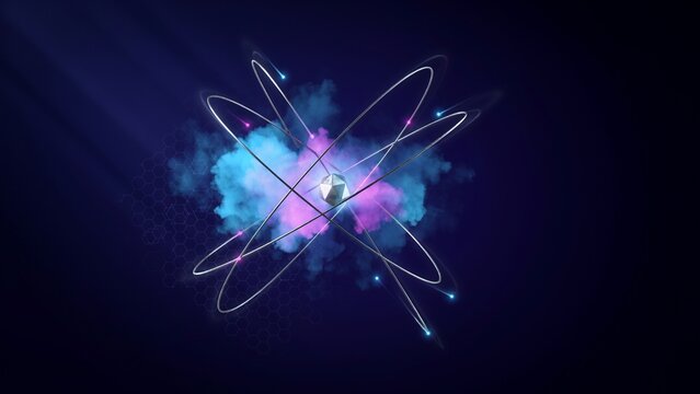 3D scientific illustration of quantum computing and atomic structure with glowing neon energy. Ideal for technology web design, science presentations, and futuristic physics editorial layouts.