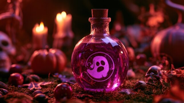 Small round glass bottle filled with glowing purple liquid and ghost symbol on label surrounded by spooky Halloween decorations and dim candlelight ambiance